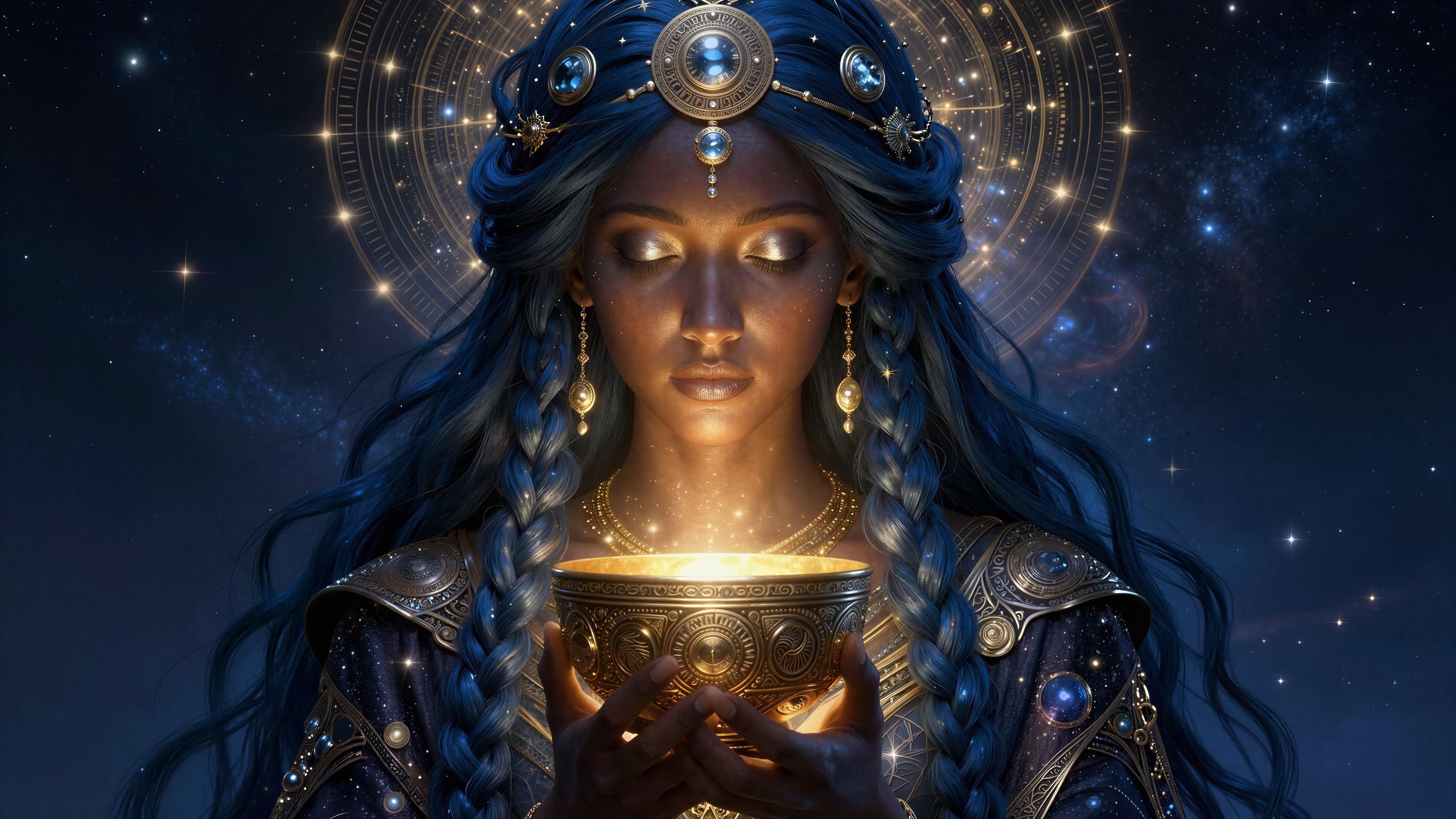 Close-Up of a Mysterious Woman with Golden Bowl