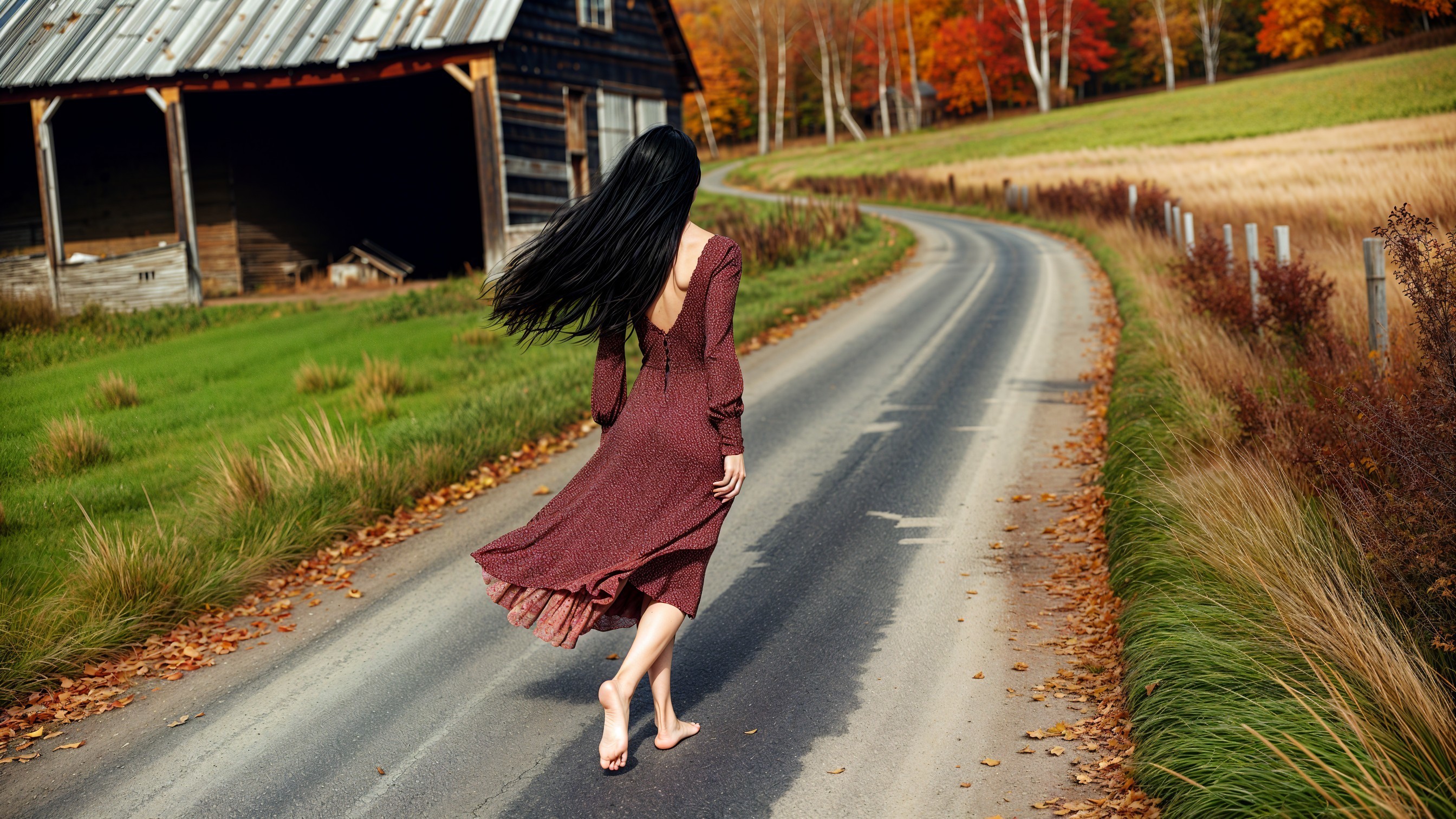 Woman in Maroon Dress Walking on Country Road