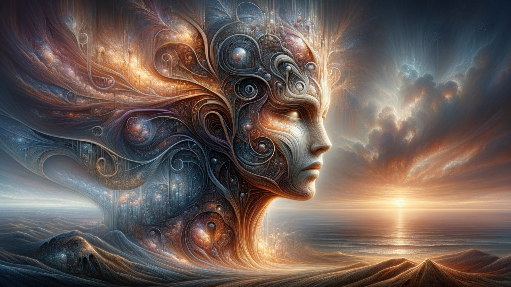 Ethereal Being's Head in Cosmic Landscape Artistry