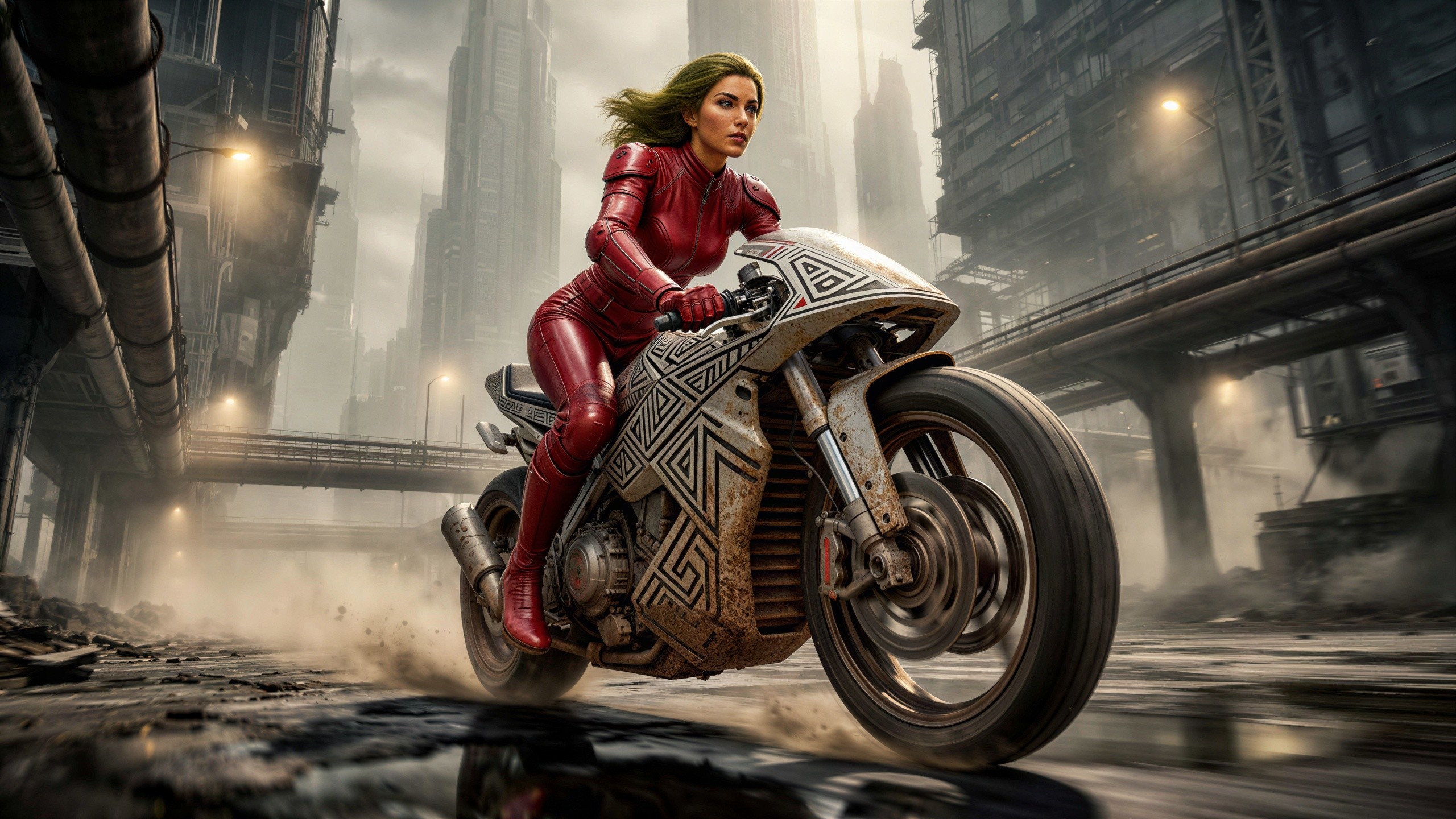 Young woman with green hair on motorcycle in cyberpunk city