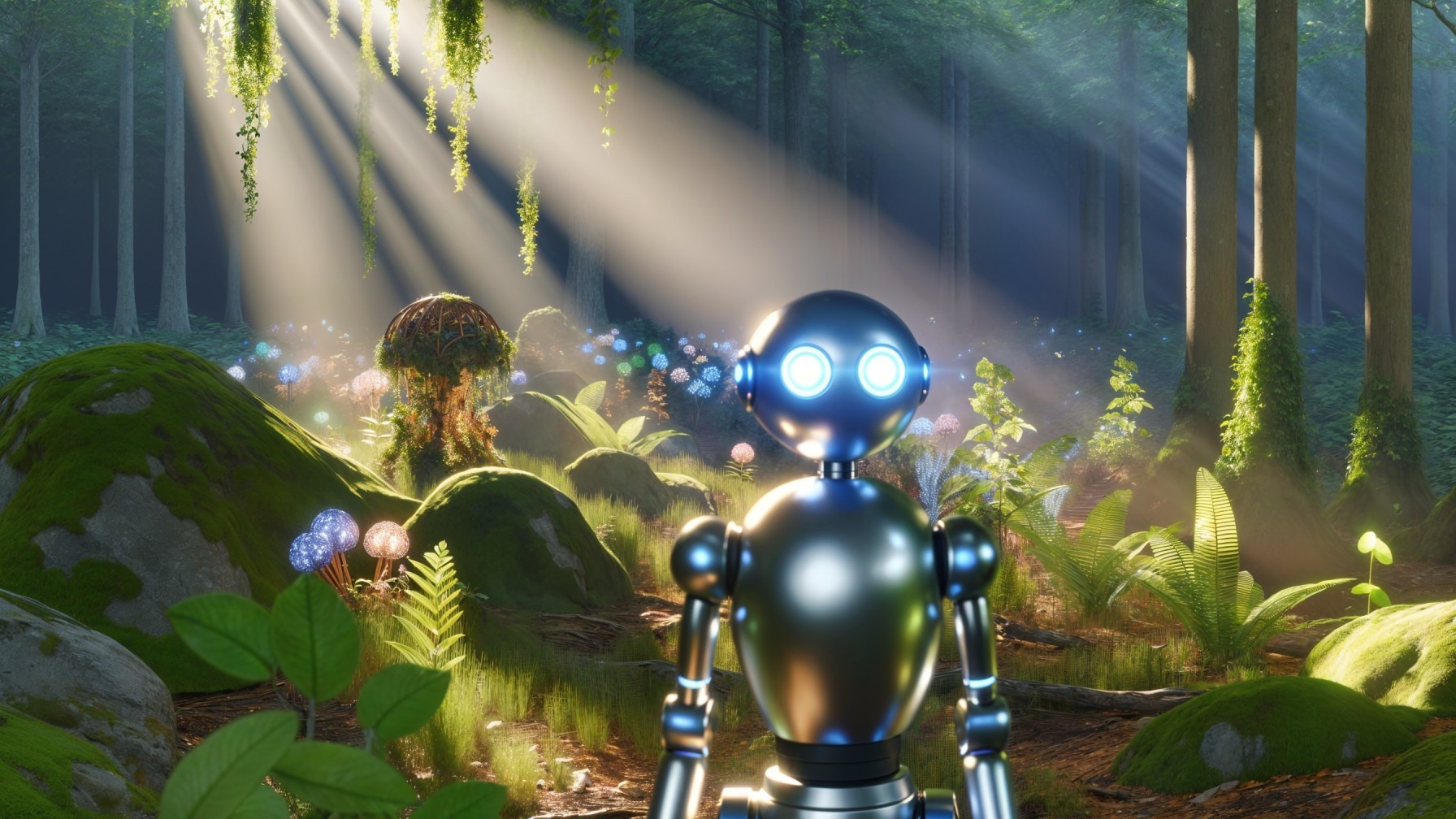 Vibrant forest with glowing flora and a friendly robot