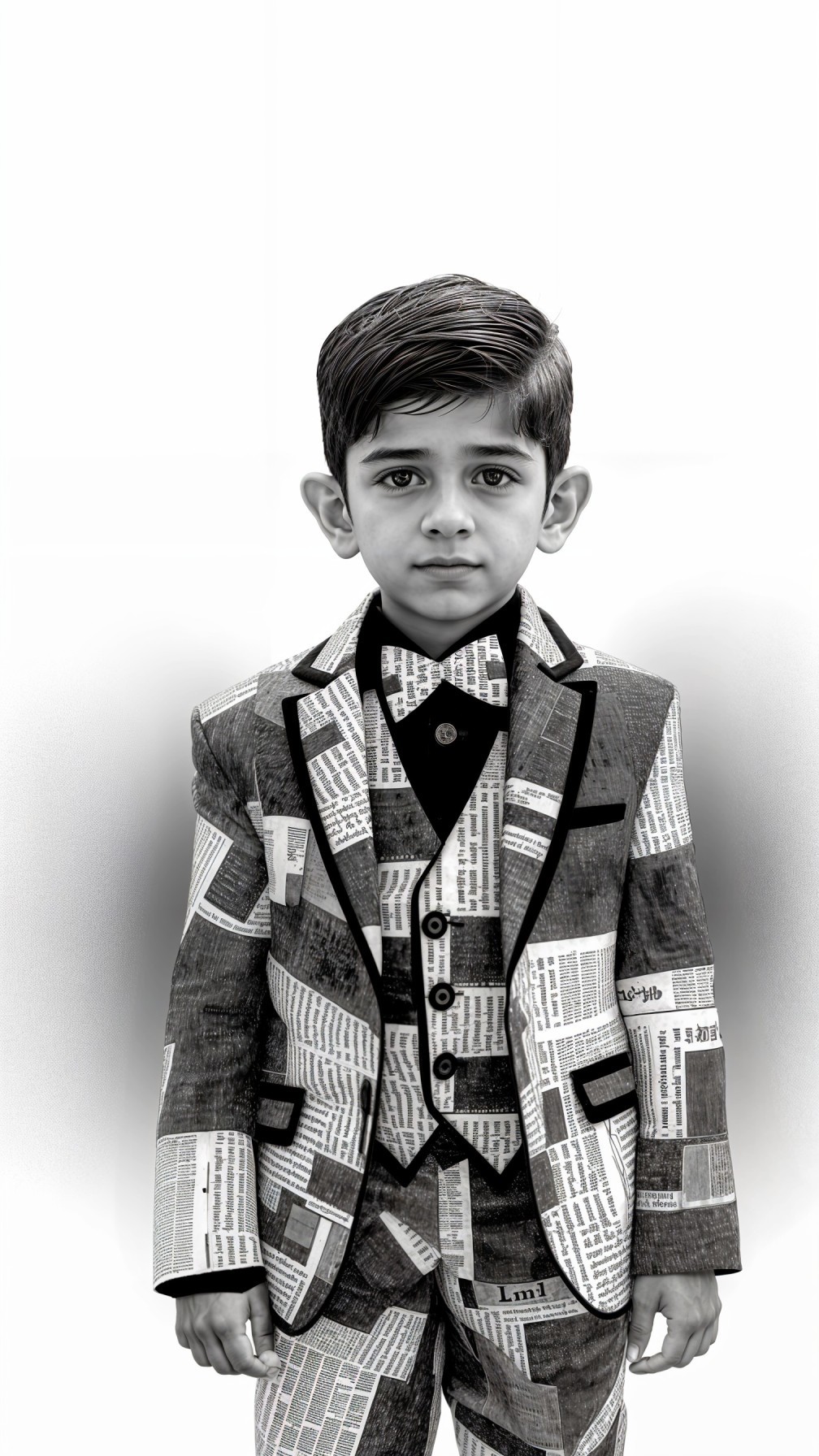 Young Boy in Newspaper-Patterned Suit with Bow Tie