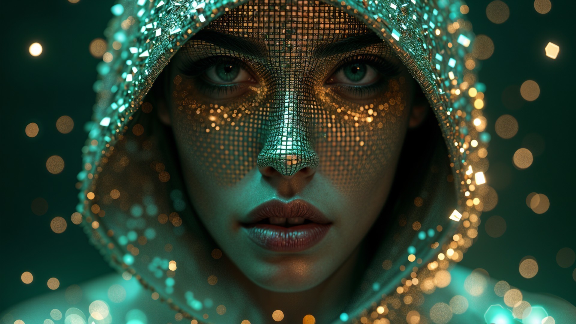 Portrait of a woman in a mosaic-patterned hood