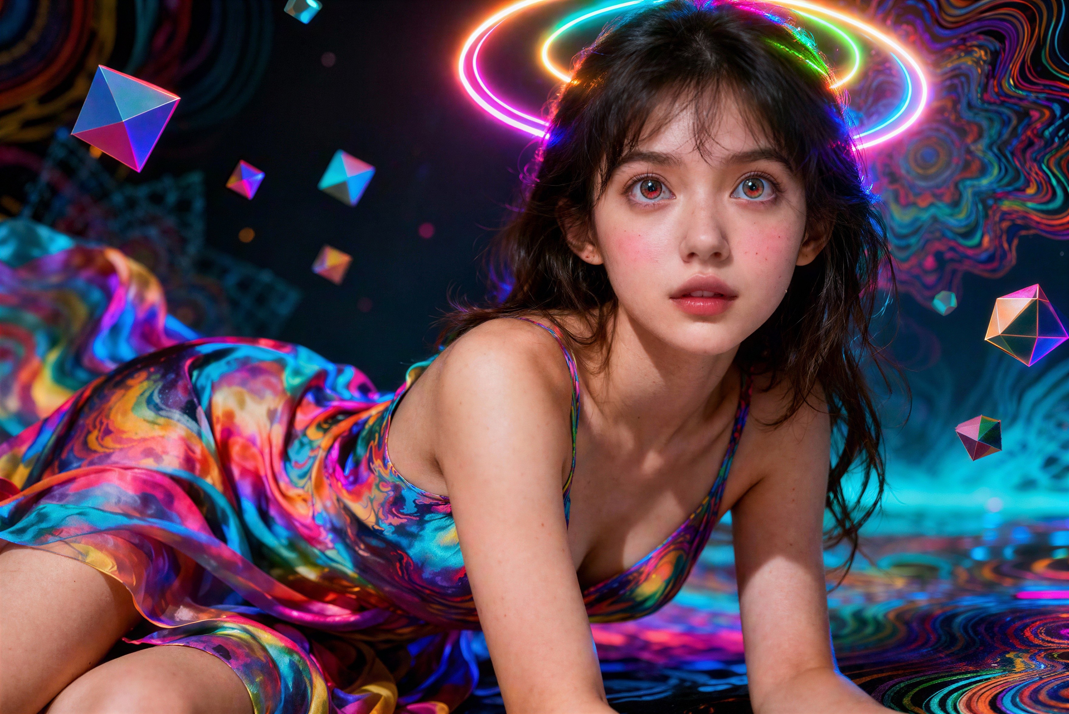 Hyperrealistic Render of Young Woman with Neon Halo