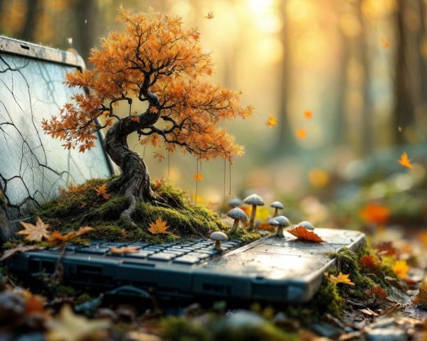 Whimsical Laptop Scene with Moss and Autumn Leaves