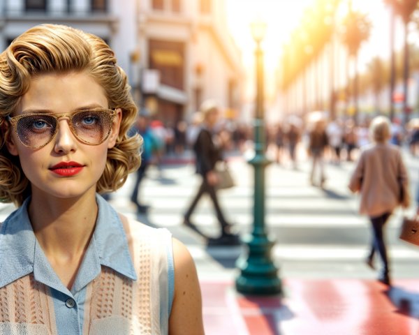 Retro Fashion in a Lively Urban Crosswalk Scene