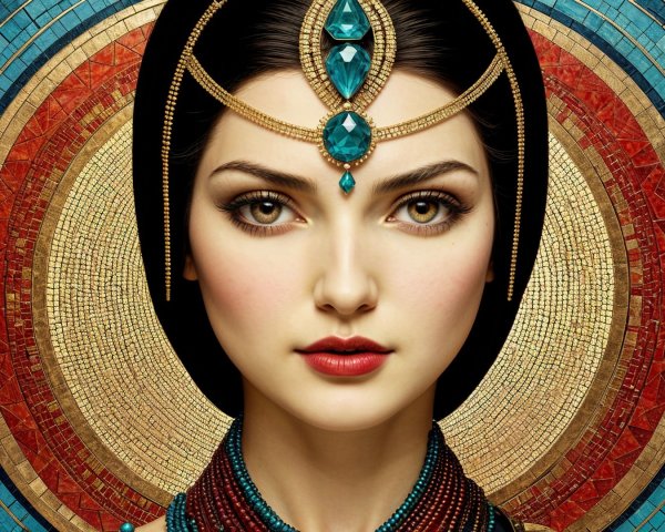 Portrait of a Woman with Mosaic Patterns and Vibrant Colors