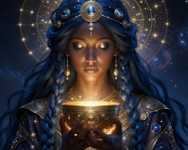 Close-Up of a Mysterious Woman with Golden Bowl