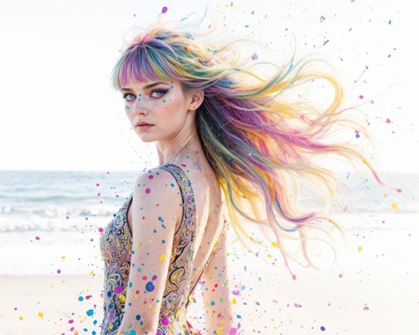 Young woman with rainbow hair on sandy beach