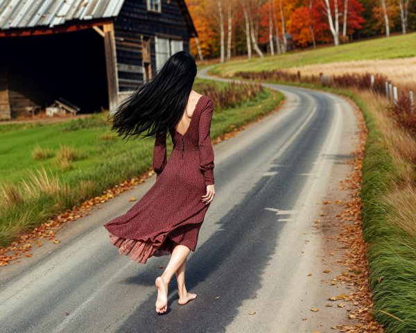 Woman in Maroon Dress Walking on Country Road