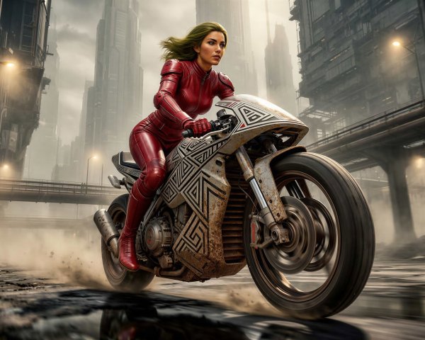 Young woman with green hair on motorcycle in cyberpunk city