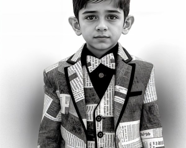 Young Boy in Newspaper-Patterned Suit with Bow Tie