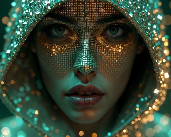 Portrait of a woman in a mosaic-patterned hood