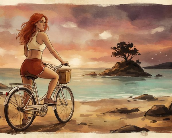 Digital watercolor painting of a woman on a bicycle
