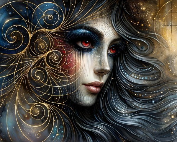 Mystical Female Figure with Expressive Red Accents
