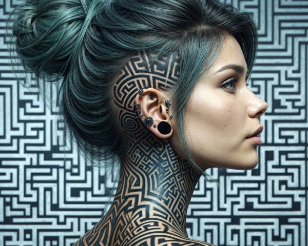 Profile of a Woman with Geometric Tattoos and Piercings