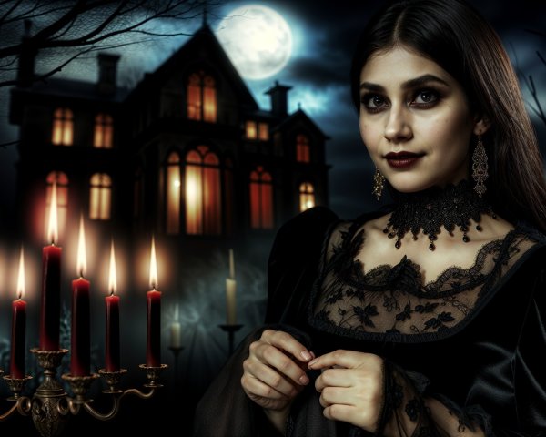 Mysterious Woman in Elegant Gown by Victorian Mansion