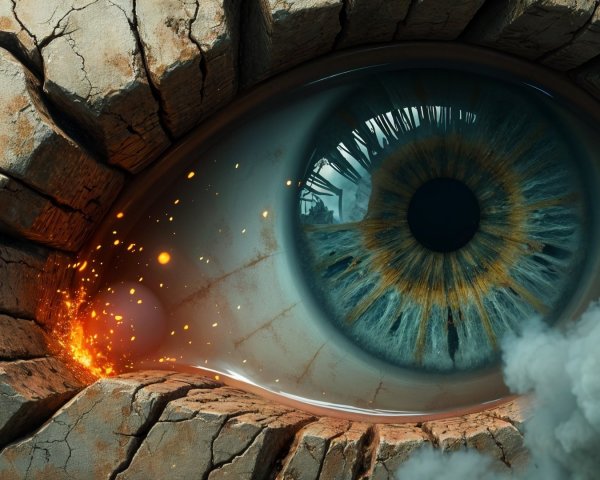 Vivid Eye Within Cracked Rocky Surface and Smoke