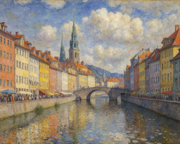 Vibrant Riverside Scene with Colorful Buildings and Bridge