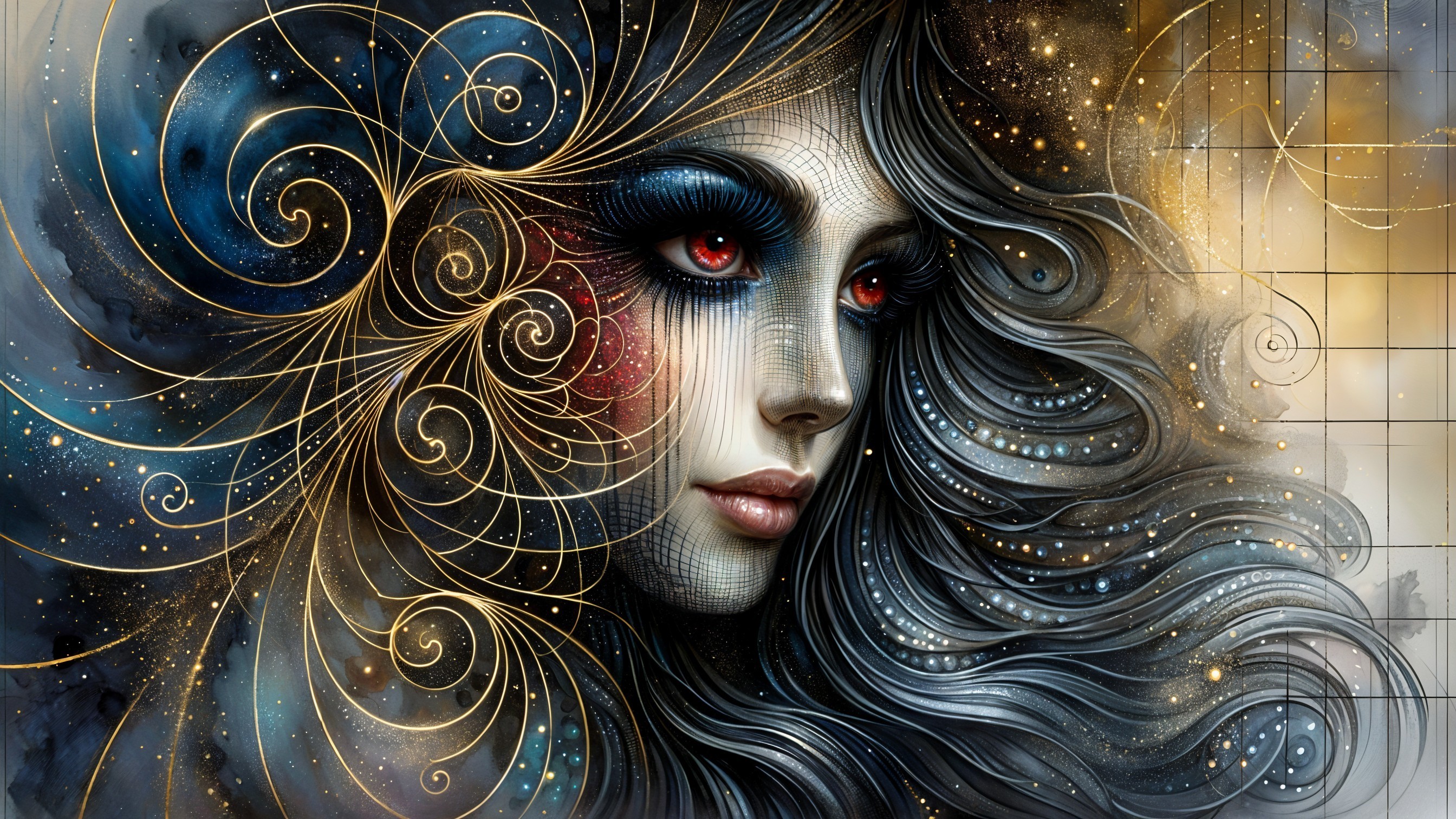 Mystical Female Figure with Expressive Red Accents