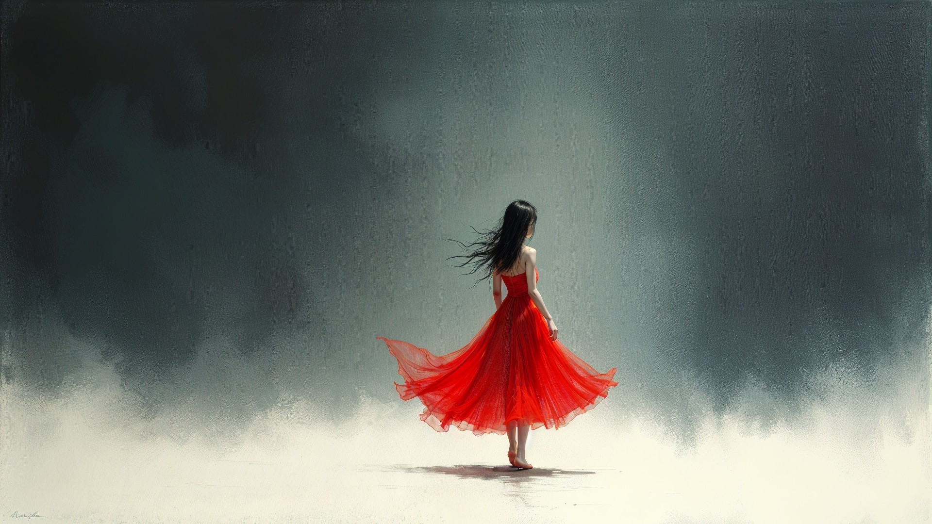 Solitary Figure in Red Dress in Ethereal Landscape