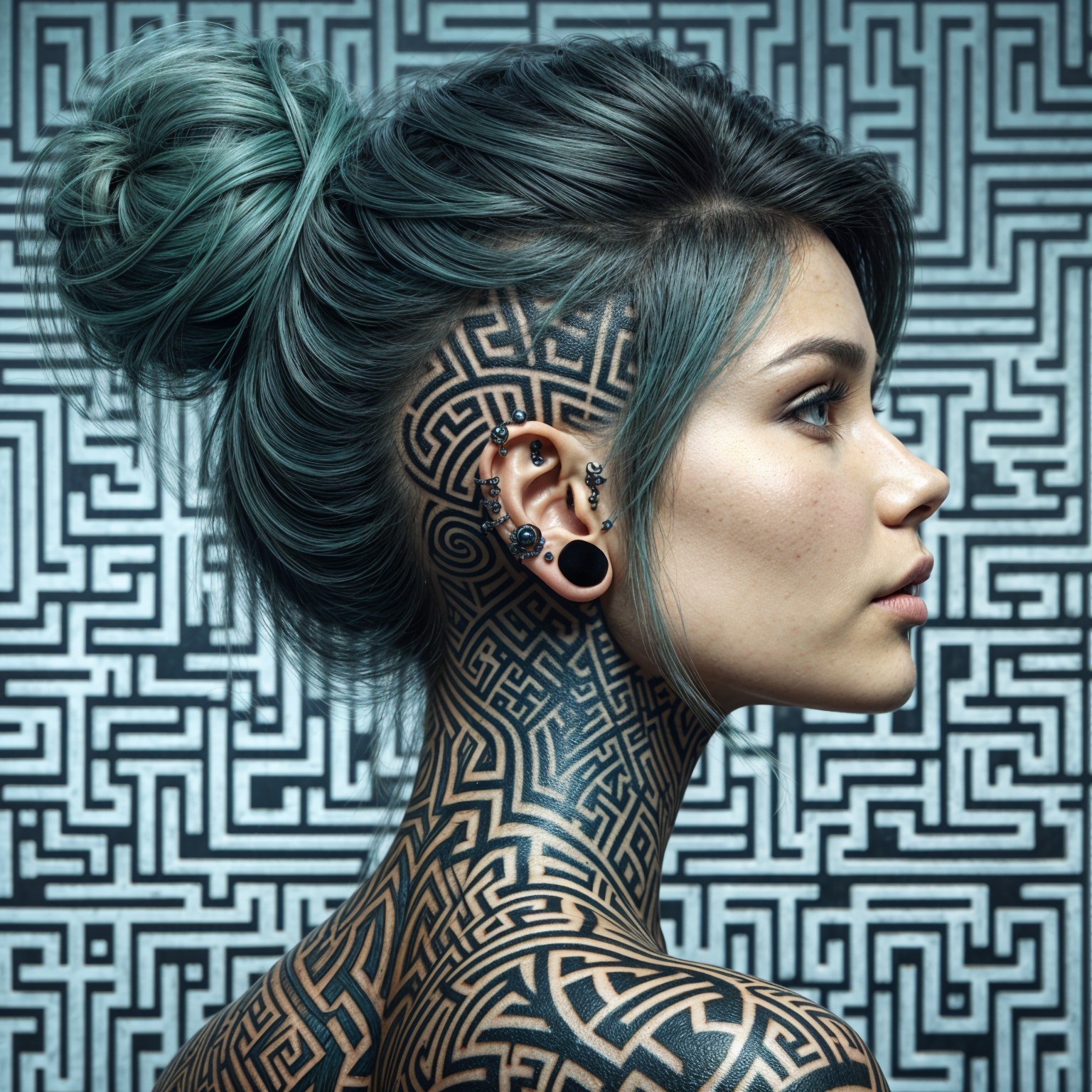 Profile of a Woman with Geometric Tattoos and Piercings
