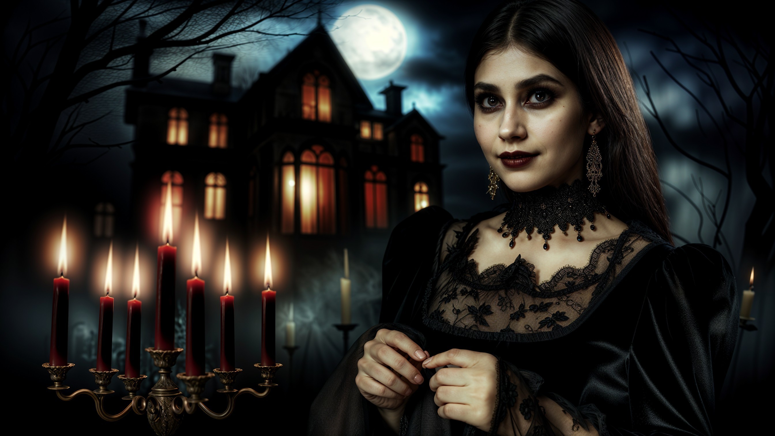 Mysterious Woman in Elegant Gown by Victorian Mansion