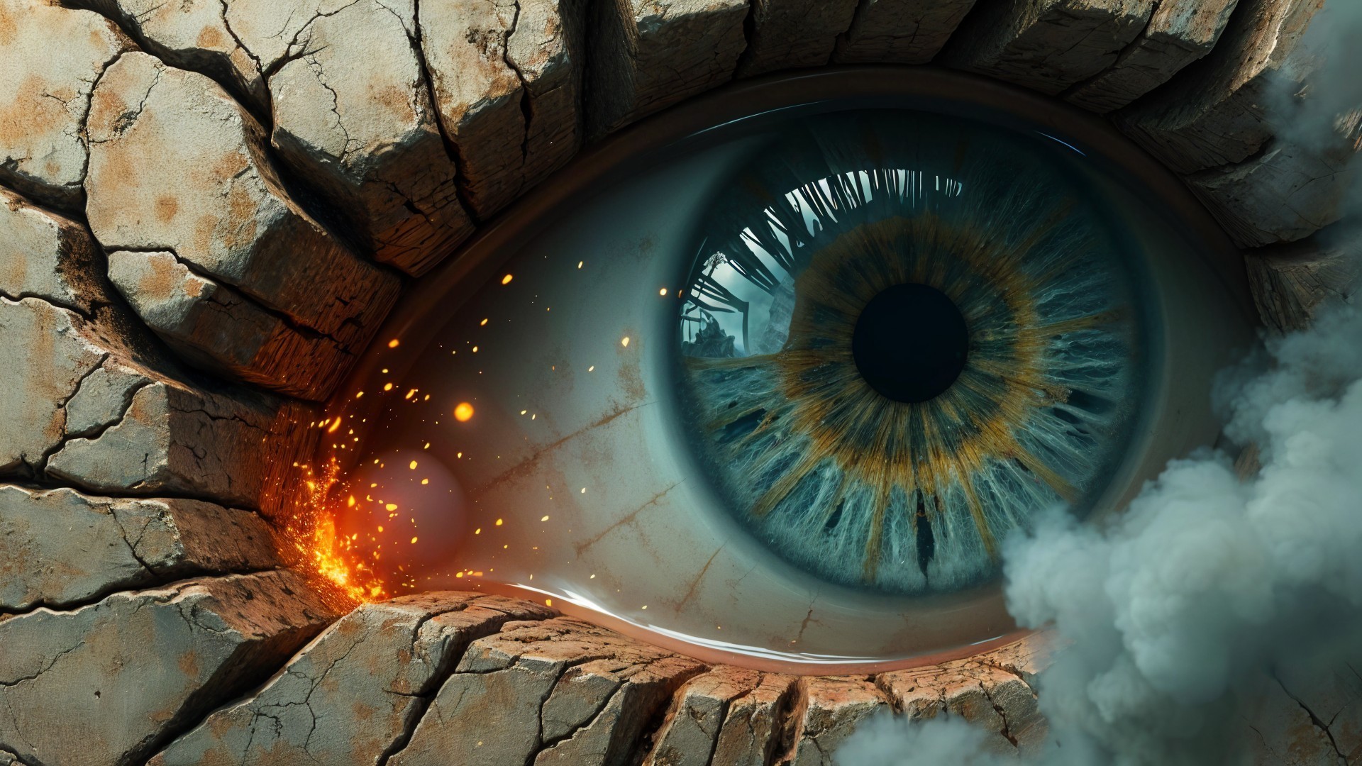 Vivid Eye Within Cracked Rocky Surface and Smoke