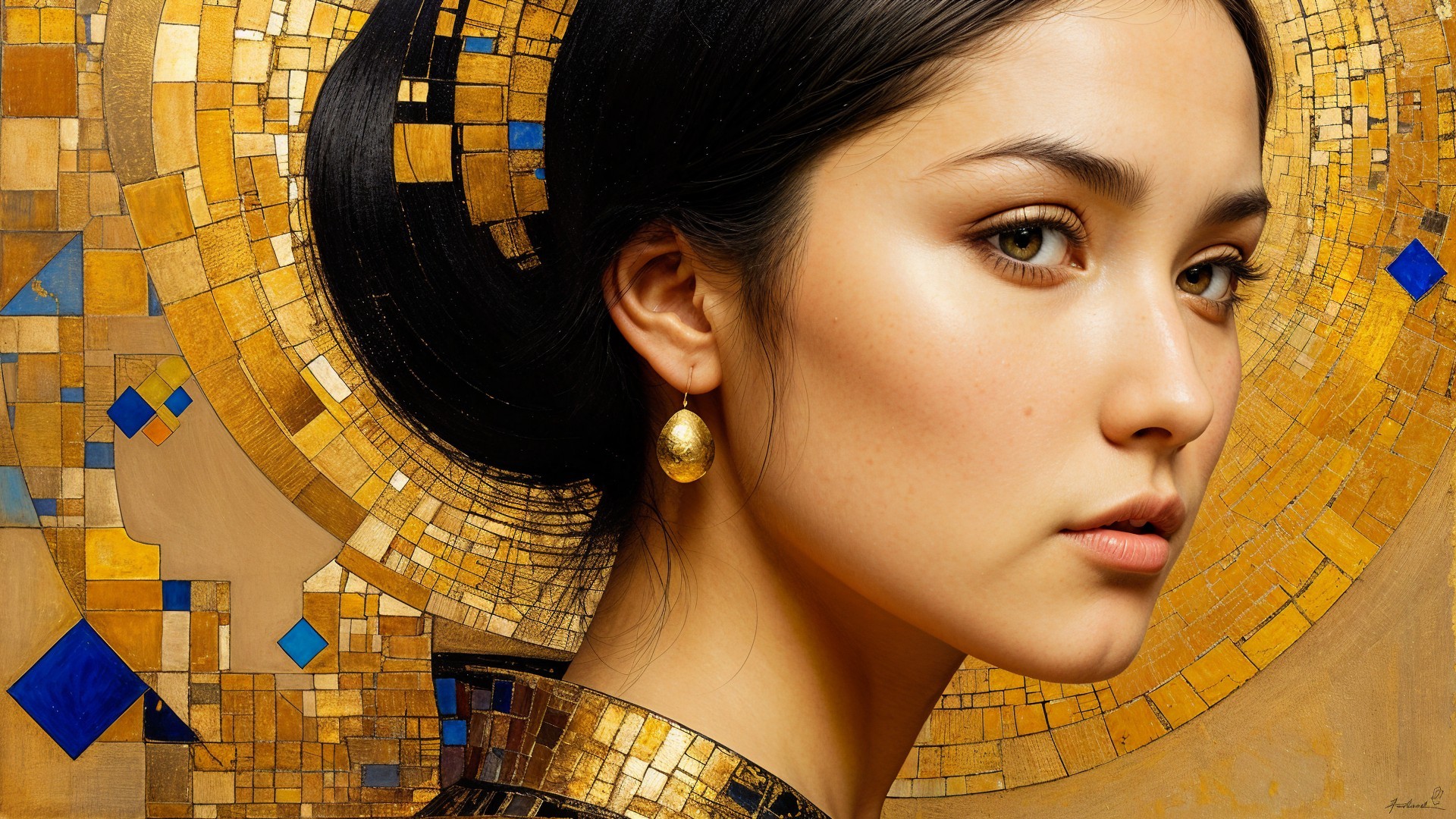 Portrait of a Young Woman with Golden Halo and Patterns