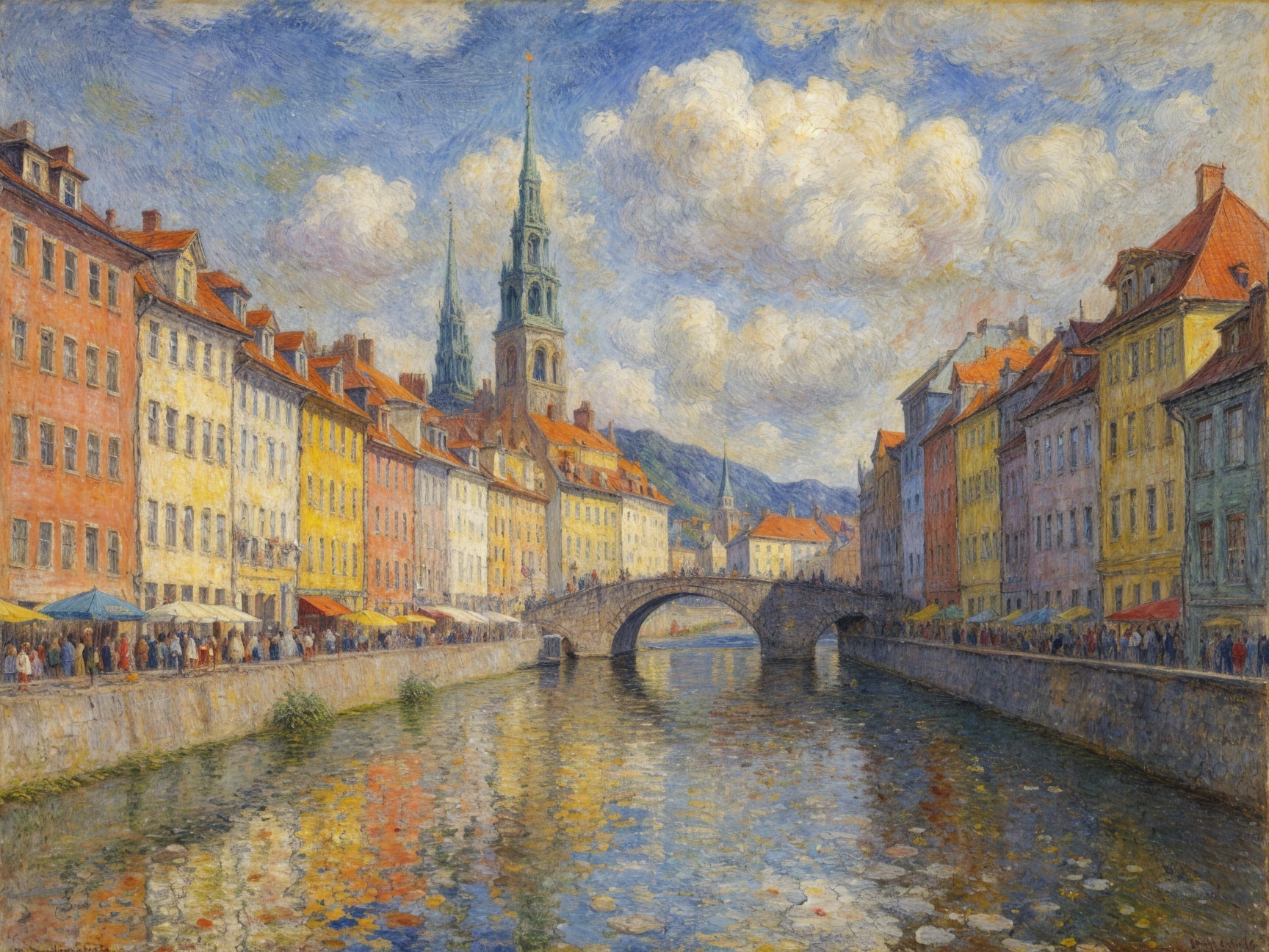 Vibrant Riverside Scene with Colorful Buildings and Bridge