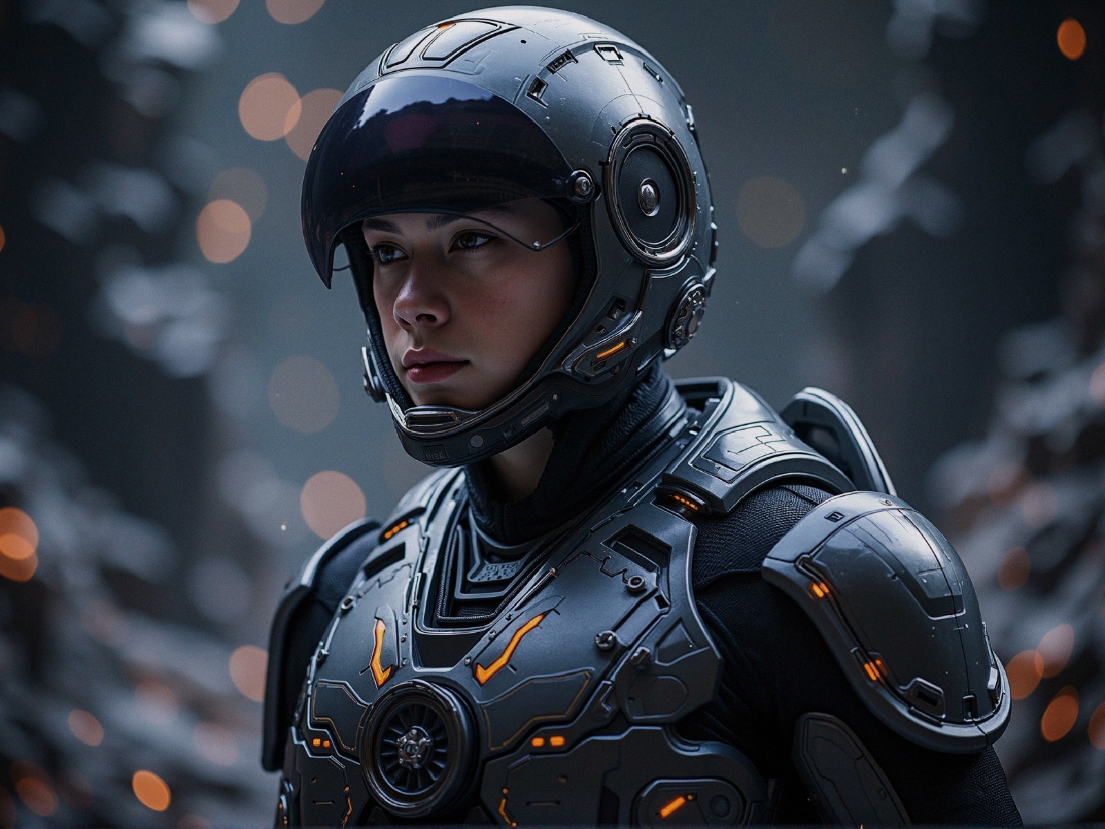 Futuristic character in advanced armor with glowing accents