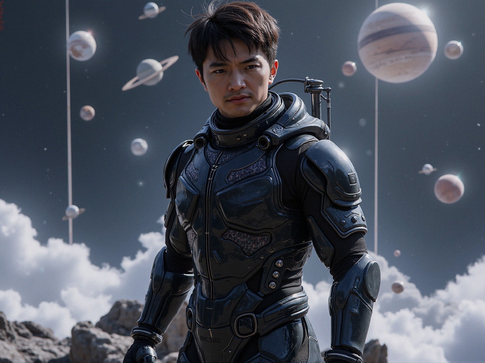 Futuristic astronaut on rocky surface with cosmic backdrop