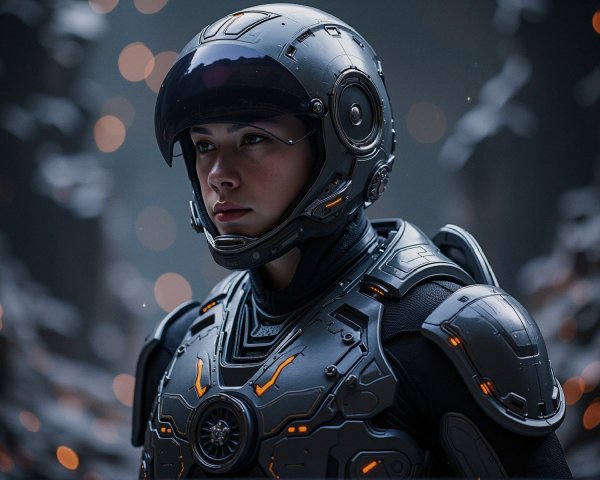 Futuristic character in advanced armor with glowing accents