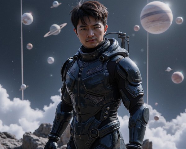 Futuristic astronaut on rocky surface with cosmic backdrop