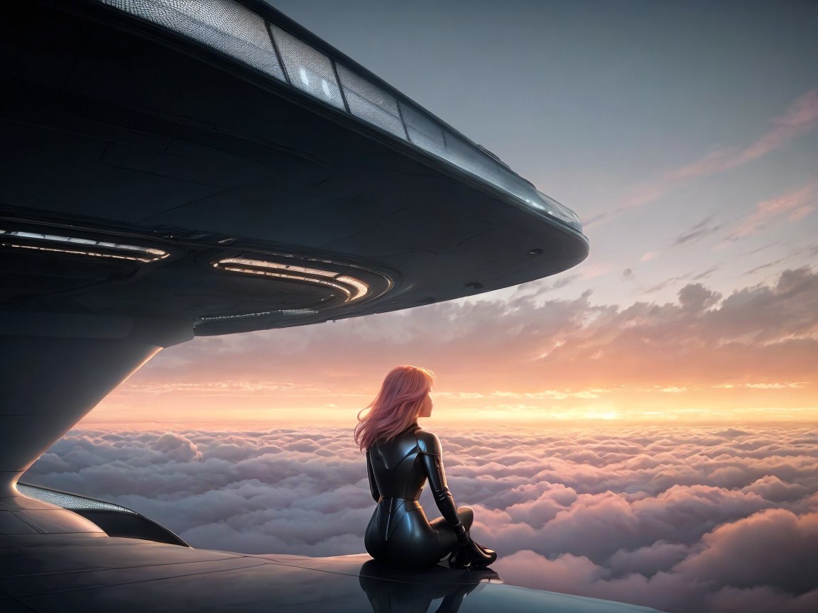 Futuristic Figure on Spacecraft at Vibrant Sunset
