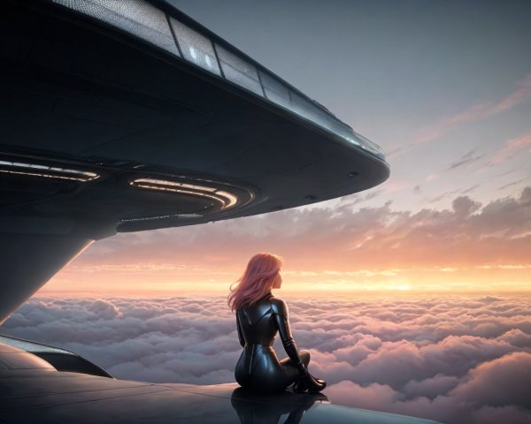 Futuristic Figure on Spacecraft at Vibrant Sunset