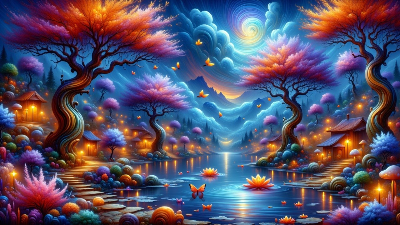 Vibrant Landscape with Whimsical Trees and River
