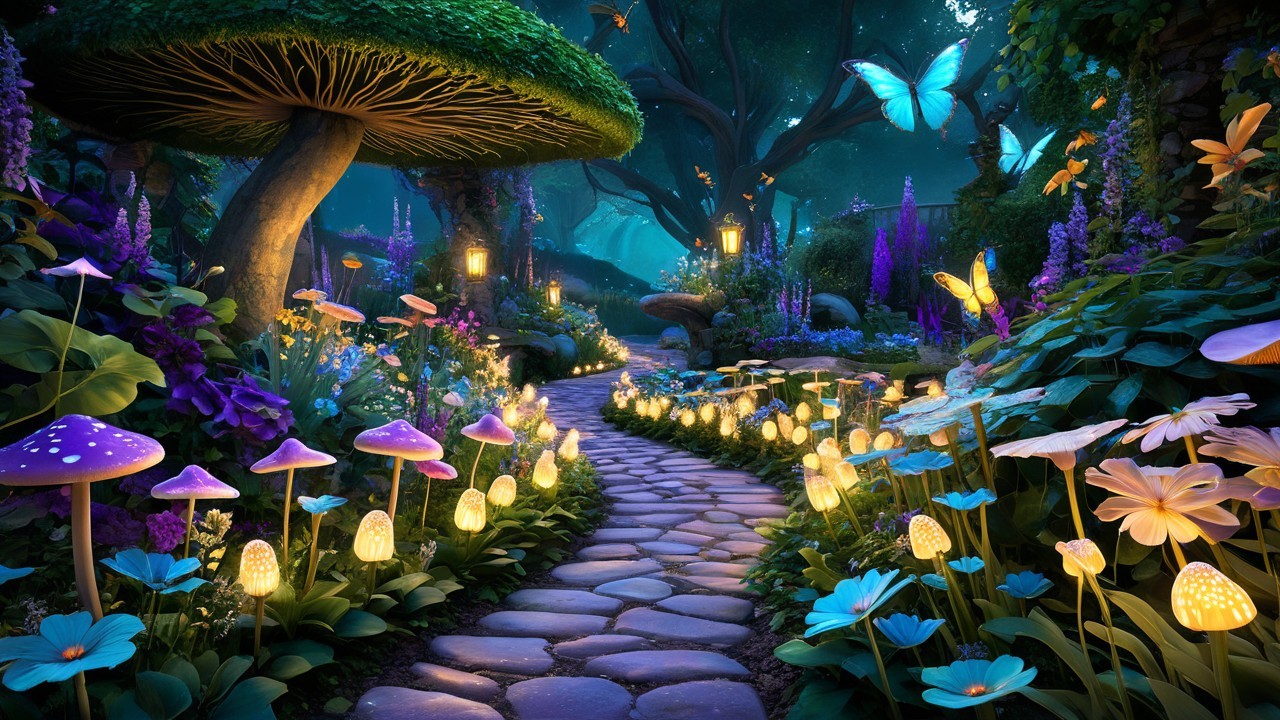 Magical Forest Path with Vibrant Flora and Mushrooms