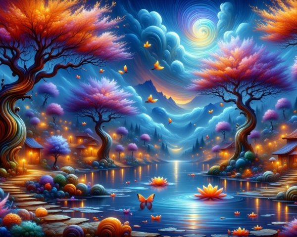 Vibrant Landscape with Whimsical Trees and River