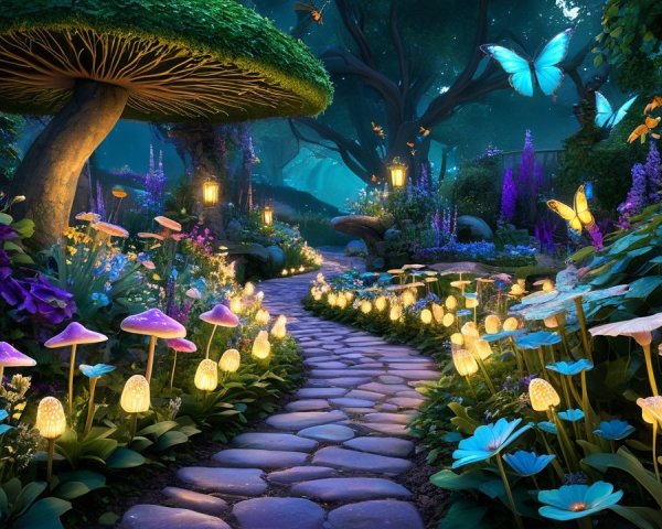 Magical Forest Path with Vibrant Flora and Mushrooms