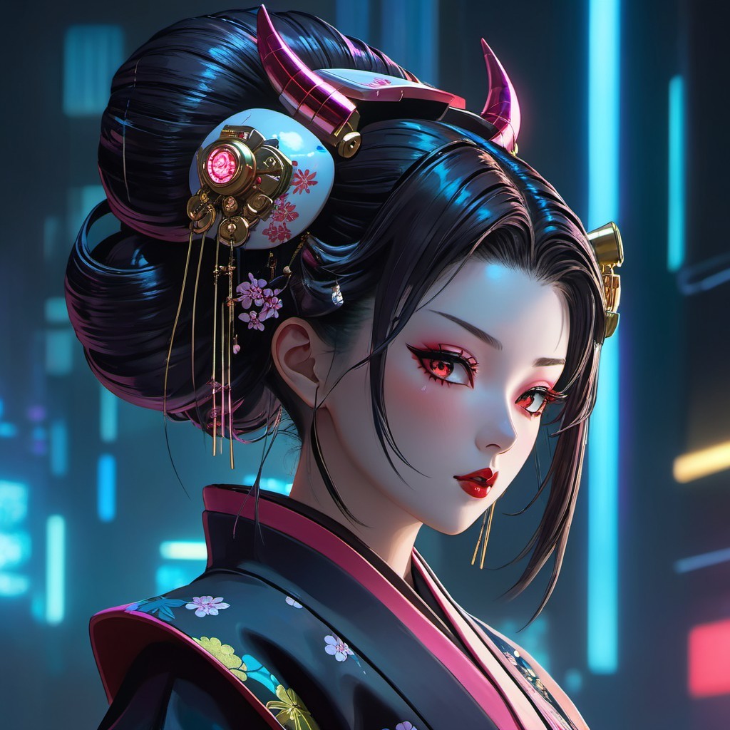 Woman in Traditional Japanese Attire with Modern Elements