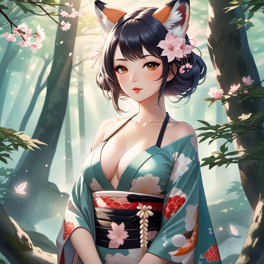 Character in Enchanted Forest with Floral Kimono