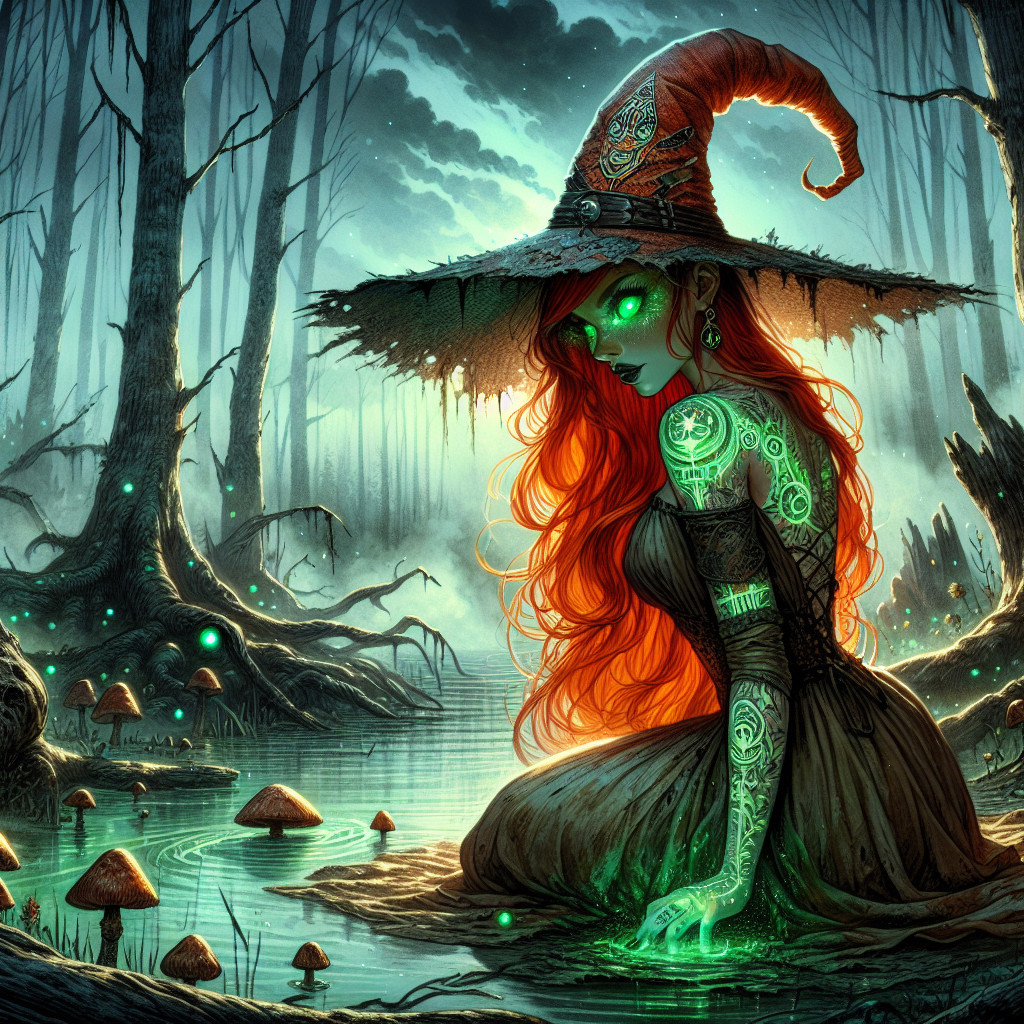 Witch by Murky Pond in Enchanted Forest Setting