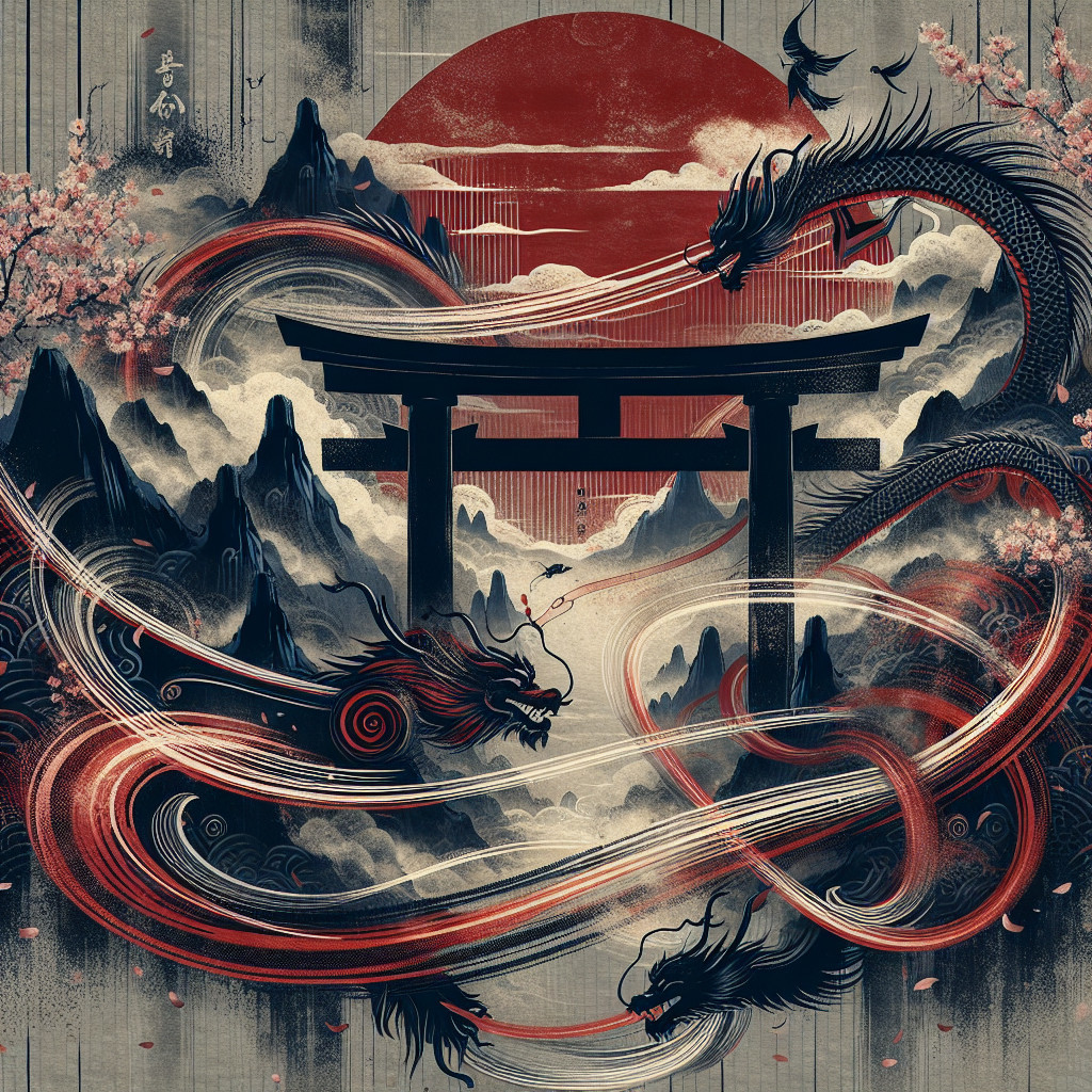Dragons and Torii Gate in Misty Mountain Scene