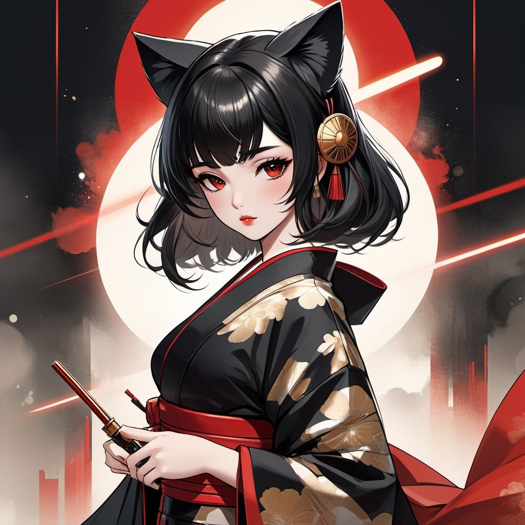 Character in Black Kimono with Cat Ears and Red Sun