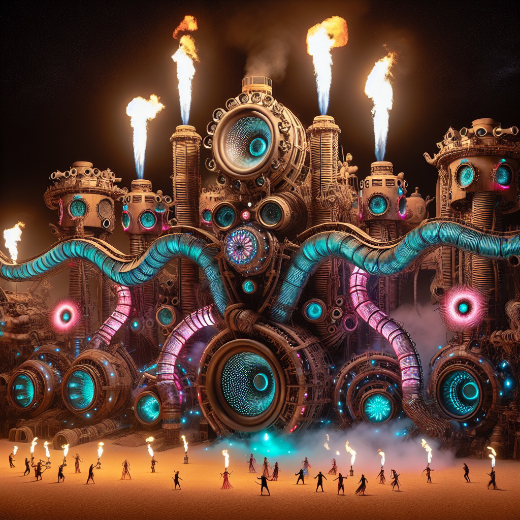 Steampunk-Inspired Colossal Structure with Vibrant Flames