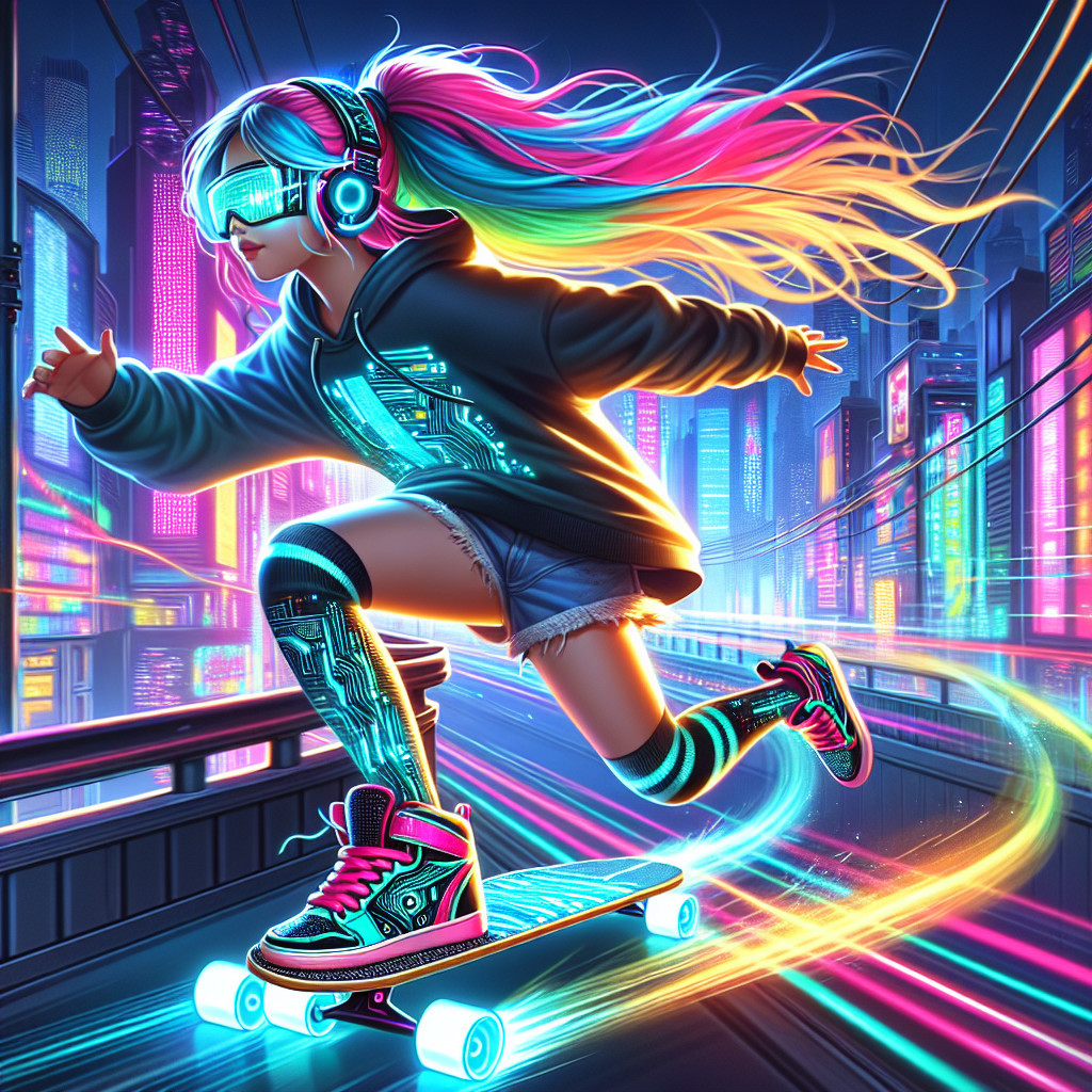Futuristic Scene of Girl Skating in Cyberpunk City