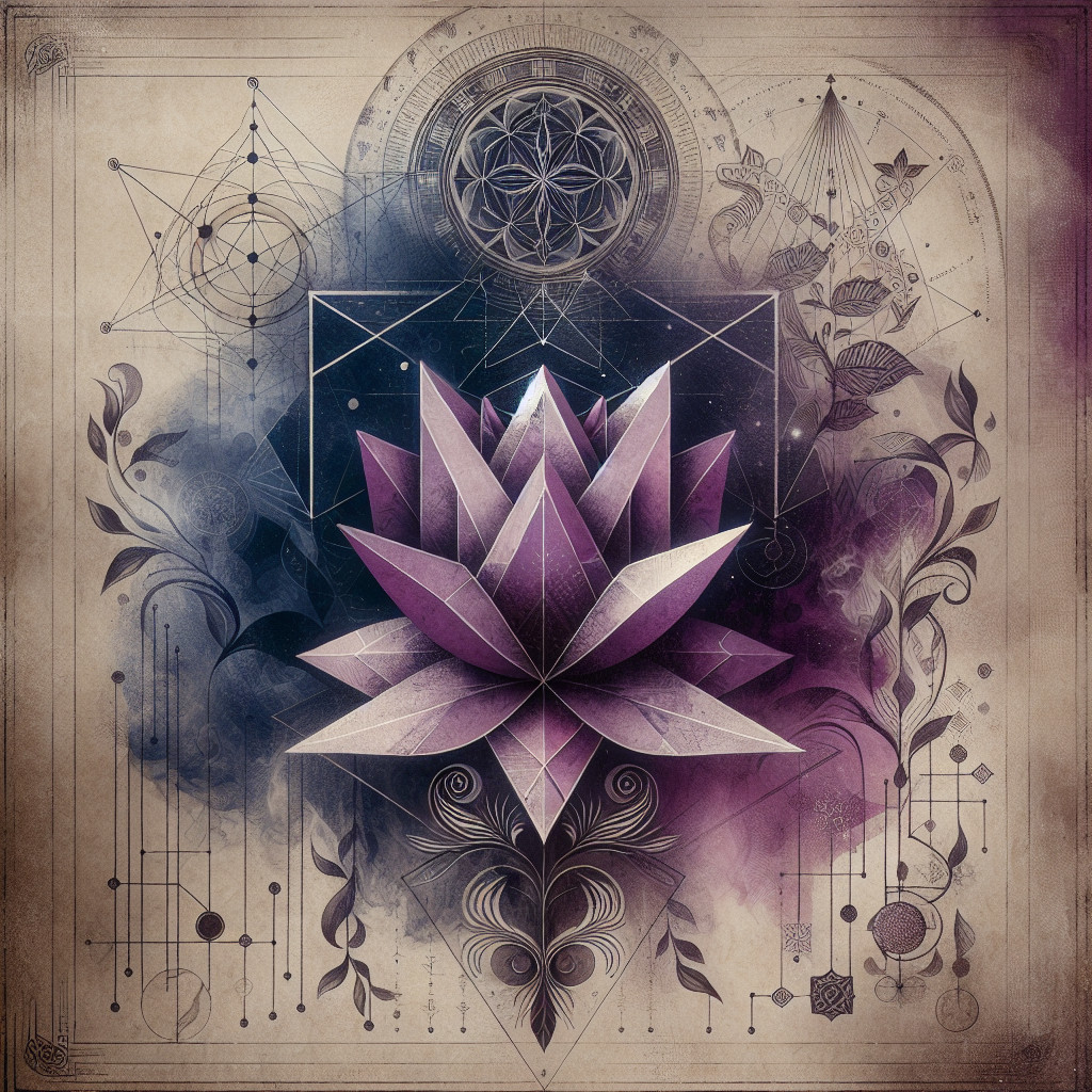 Geometric Design with Purple Lotus and Mystical Symbols