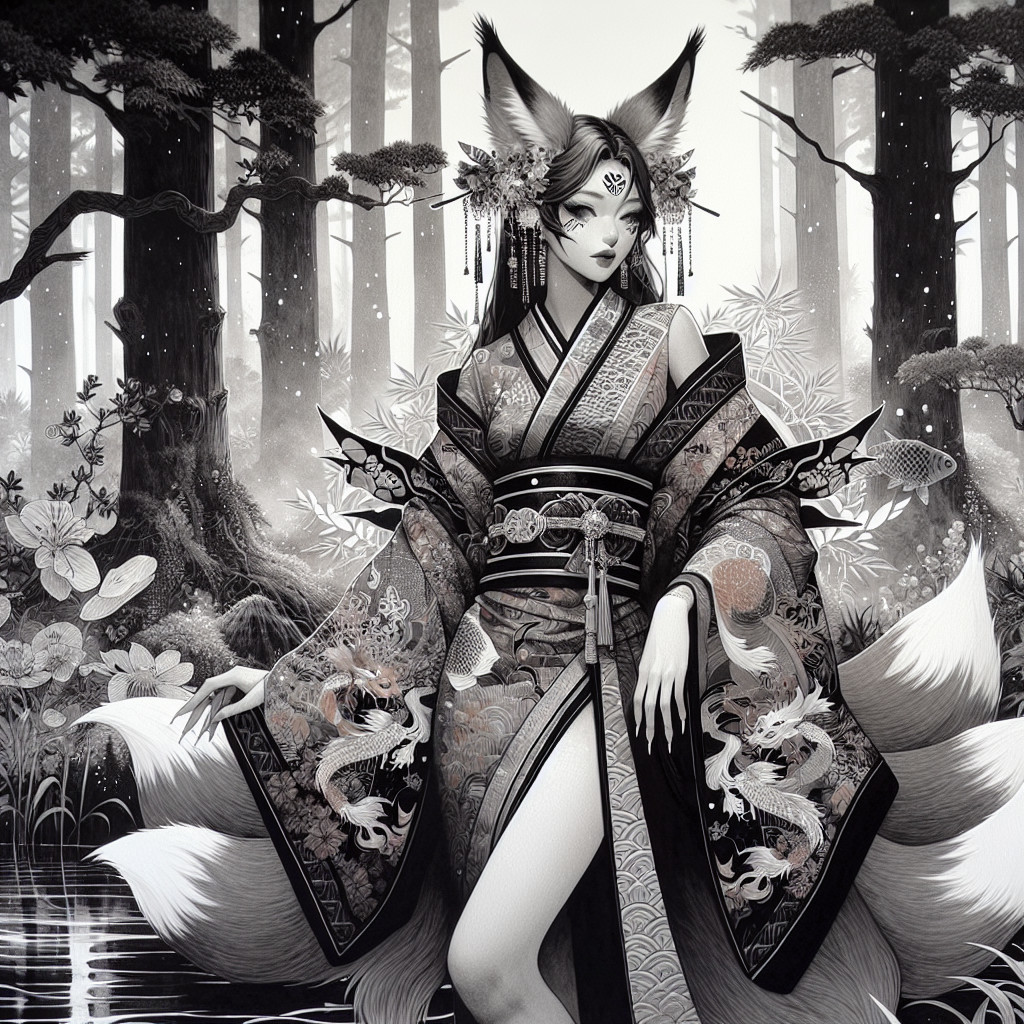Monochromatic Artwork of Fox Spirit in Kimono