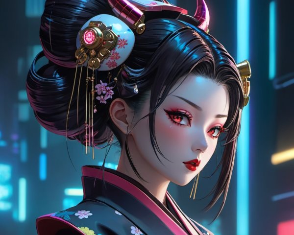 Woman in Traditional Japanese Attire with Modern Elements